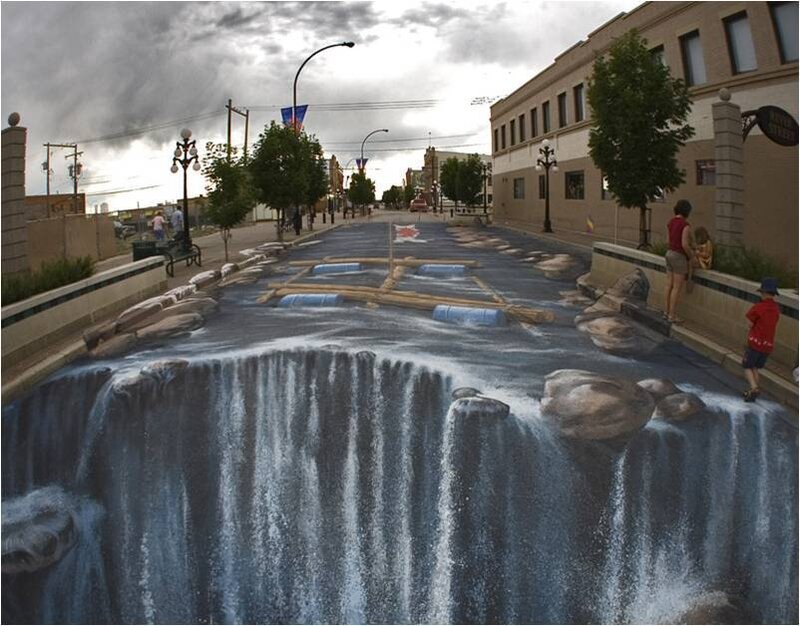 3D street art waterfall illusion