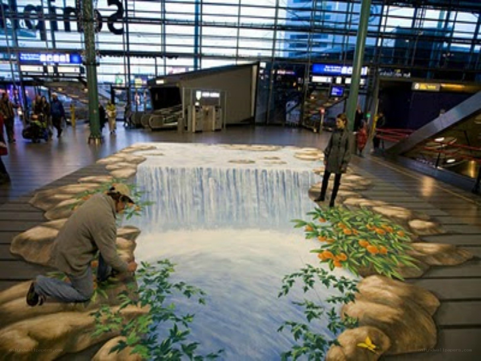 3D street art waterfall