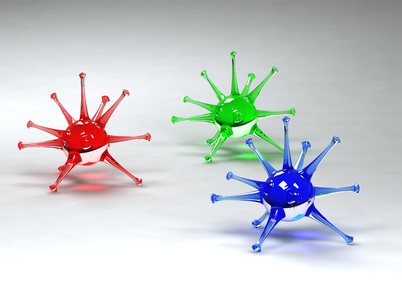 3D virus models in red green and blue