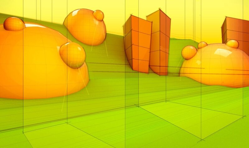 3D wireframe landscape scene