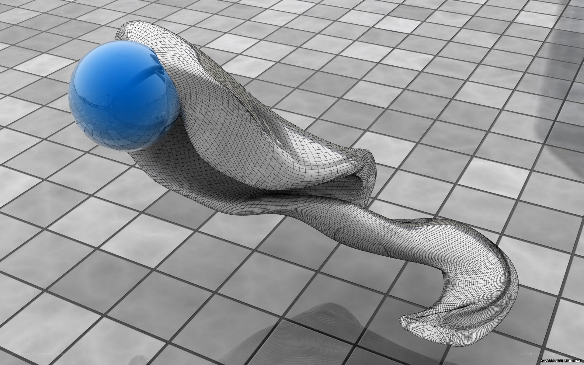 3D wireframe model with blue sphere