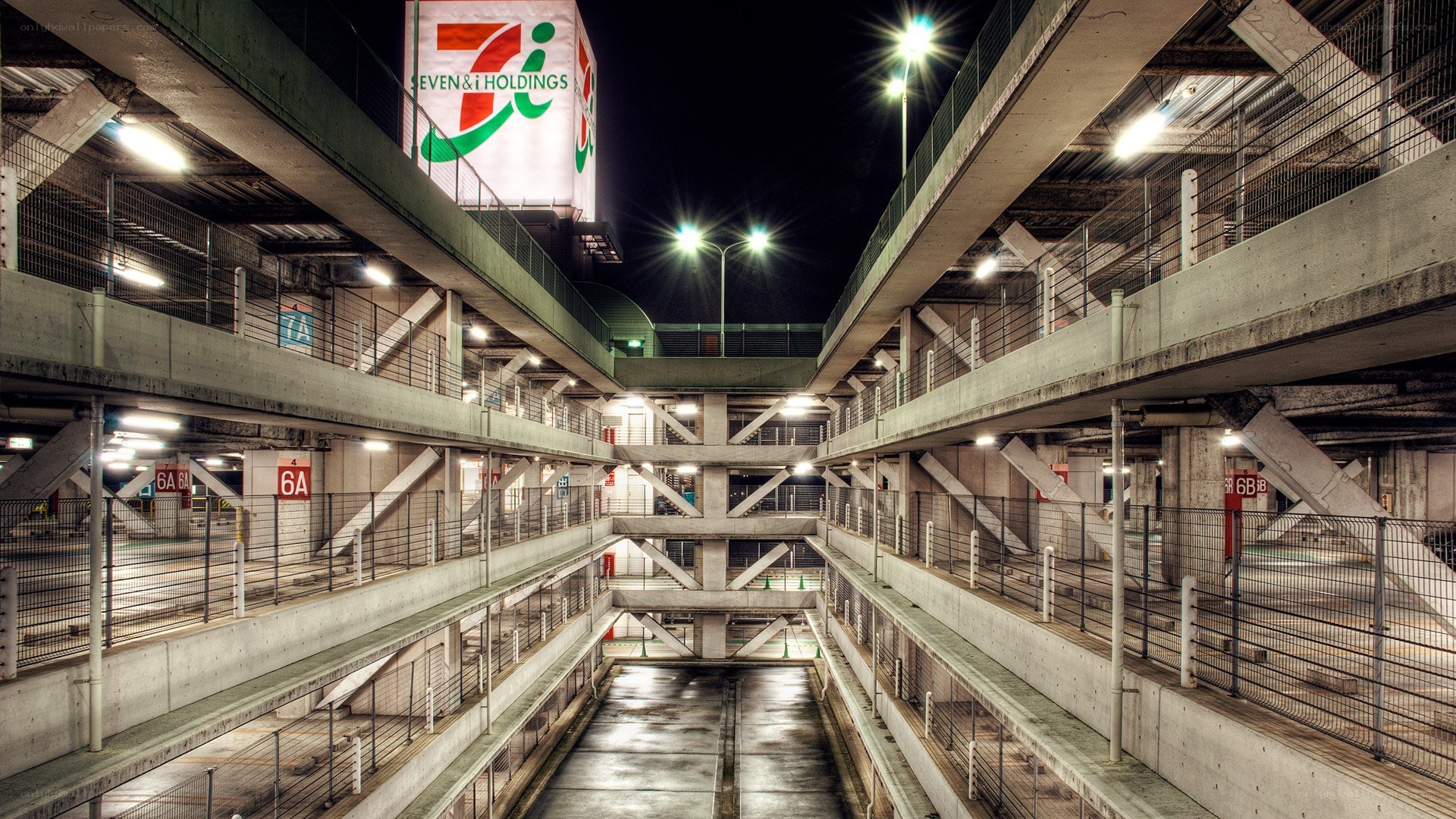 7-Eleven parking garage at night