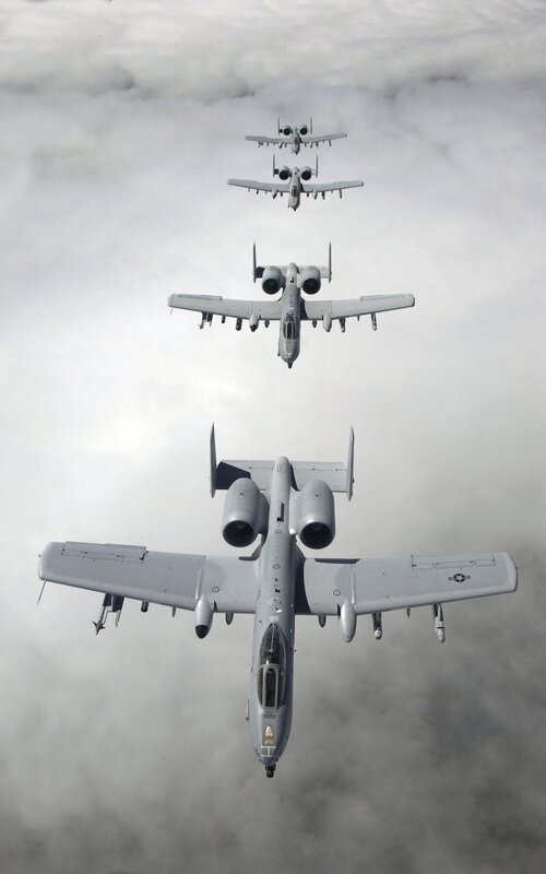A-10 Thunderbolt II Aircraft — Gray, Dramatic, Photograph, Clouds, Formation