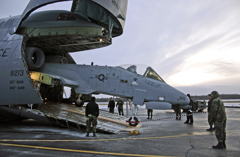 A-10 Thunderbolt II being loaded onto a C-17