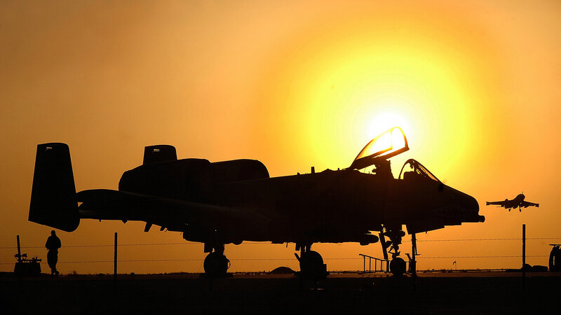 A-10 Thunderbolt II — Orange, Dramatic, Sunset, Photograph, Airplane, Soldier, Fence