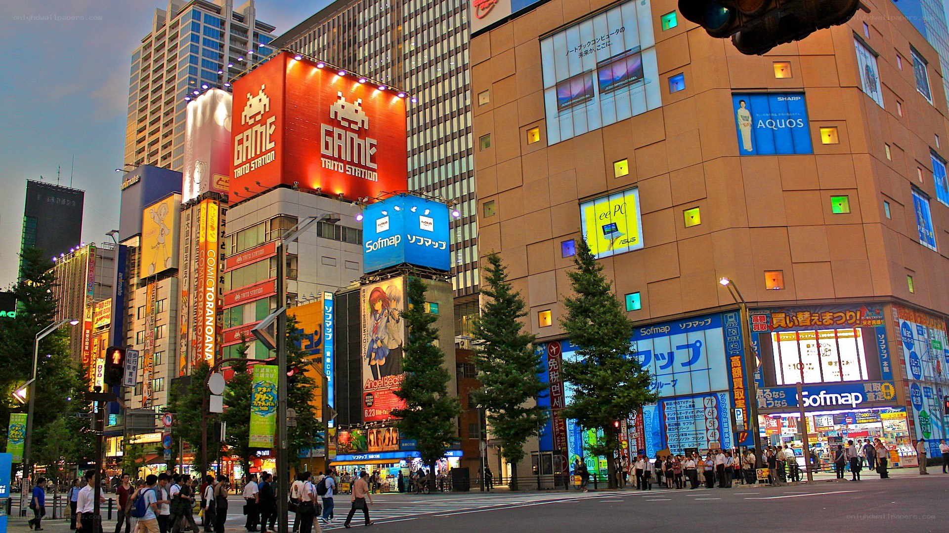 A bustling city street at dusk