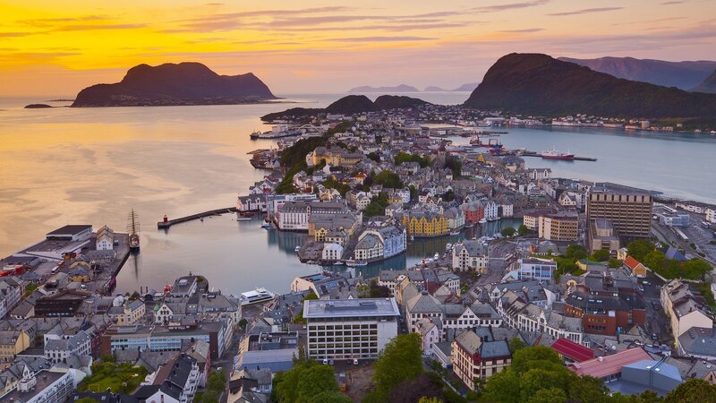 A Coastal Town at Sunset