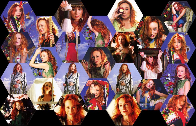 A collage of a woman with red hair