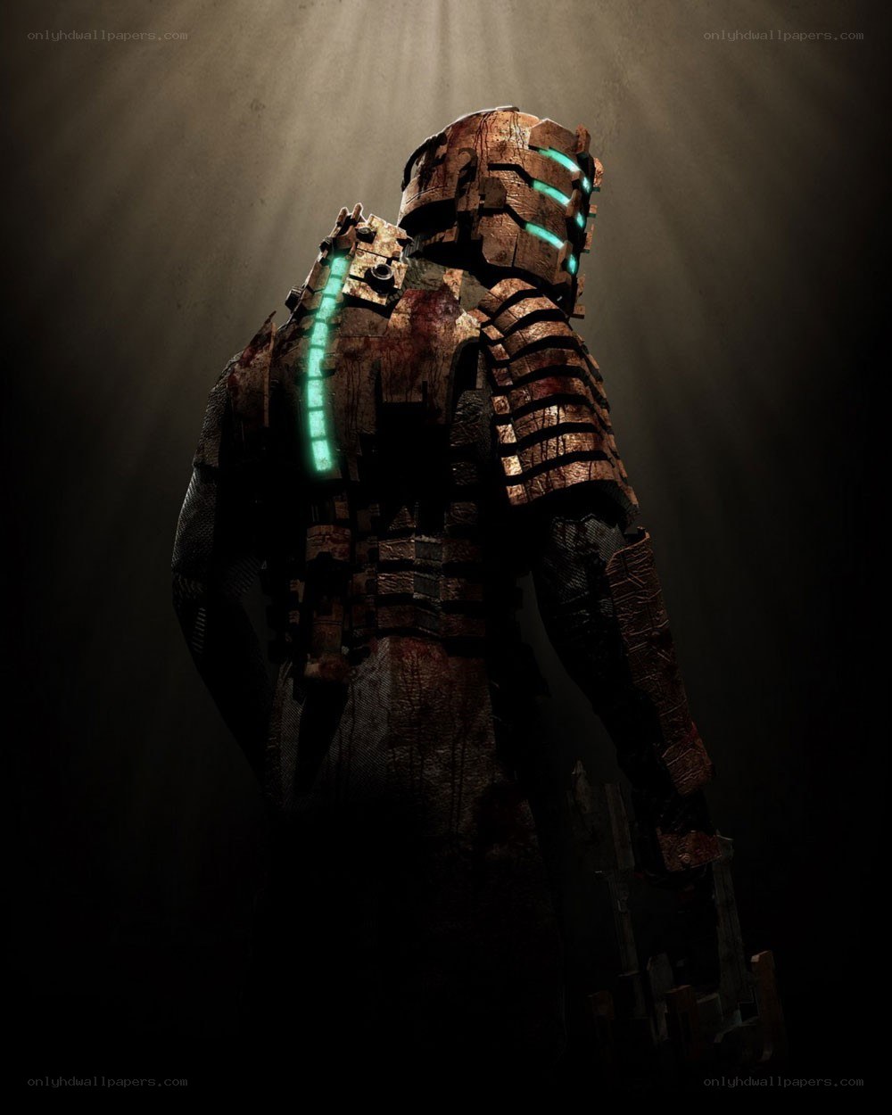 A damaged space suit in a dark corridor