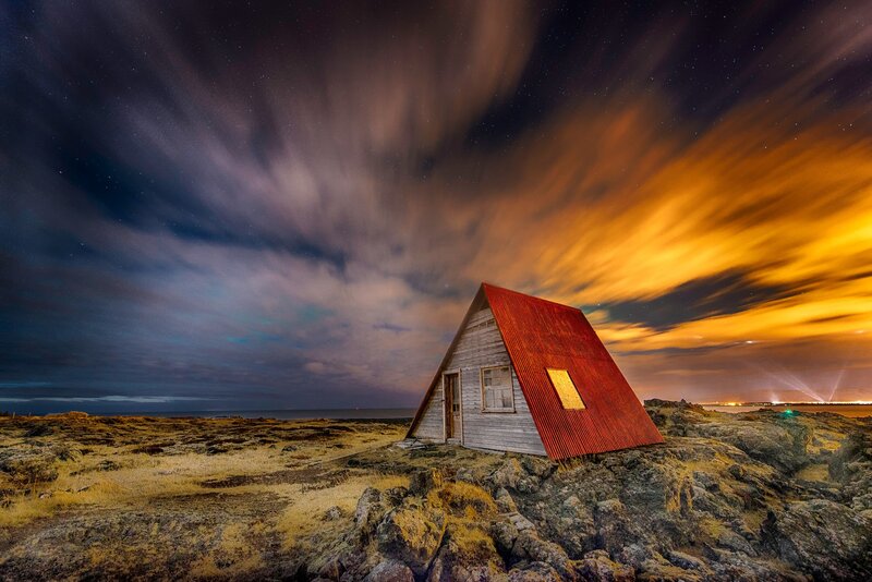 A-frame Cabin on Rocks — Red, Dramatic, Night