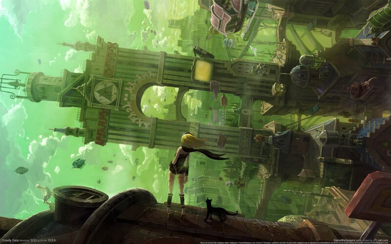 A girl and her cat in a floating city