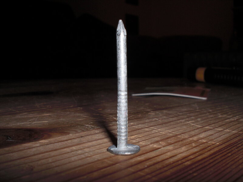A nail standing on a wooden surface