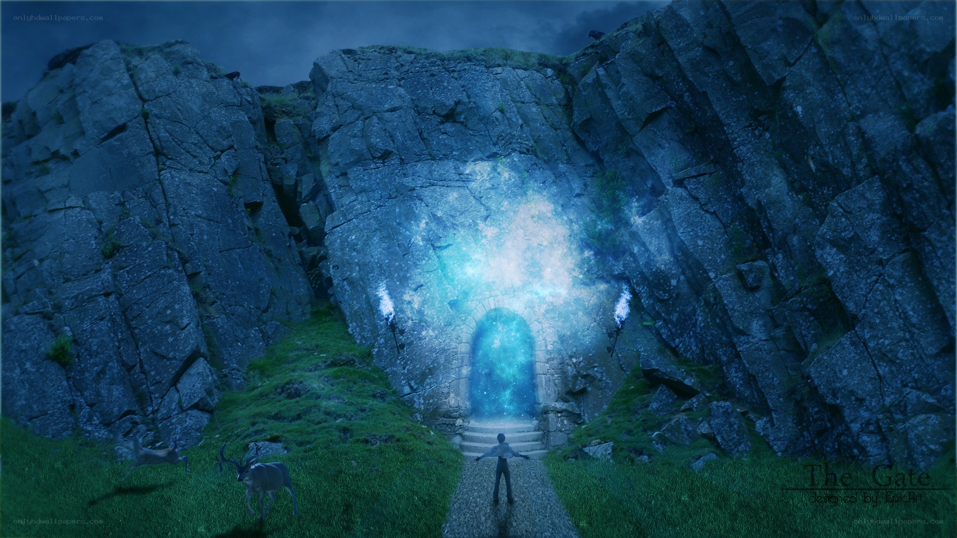 A person at a glowing gate