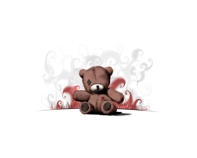 A sad teddy bear with wounds