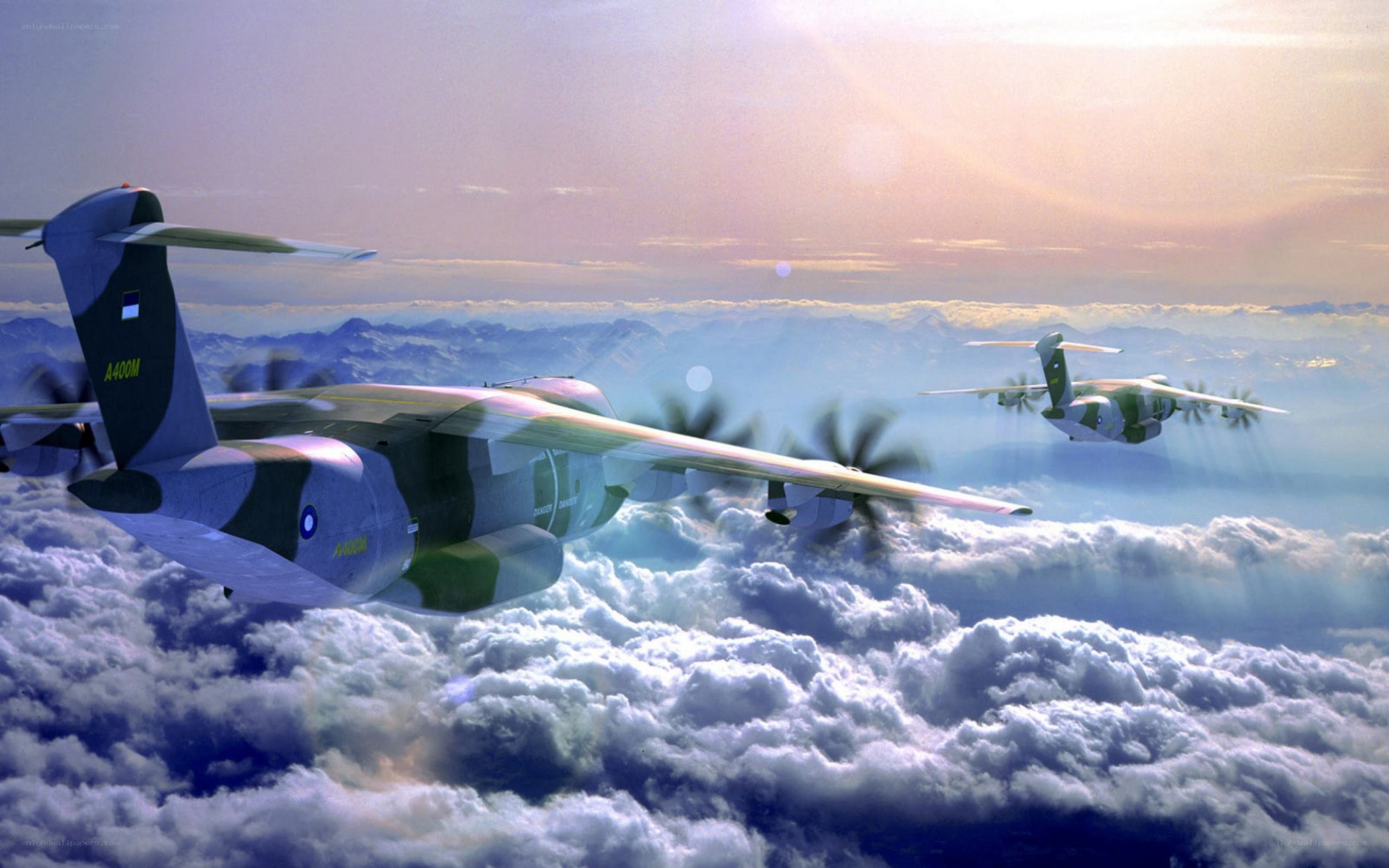 A400M aircraft flying above clouds