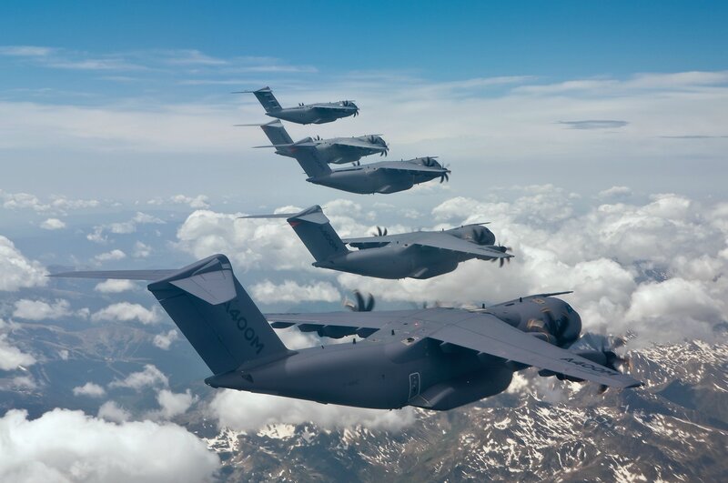 A400M military transport aircraft in formation