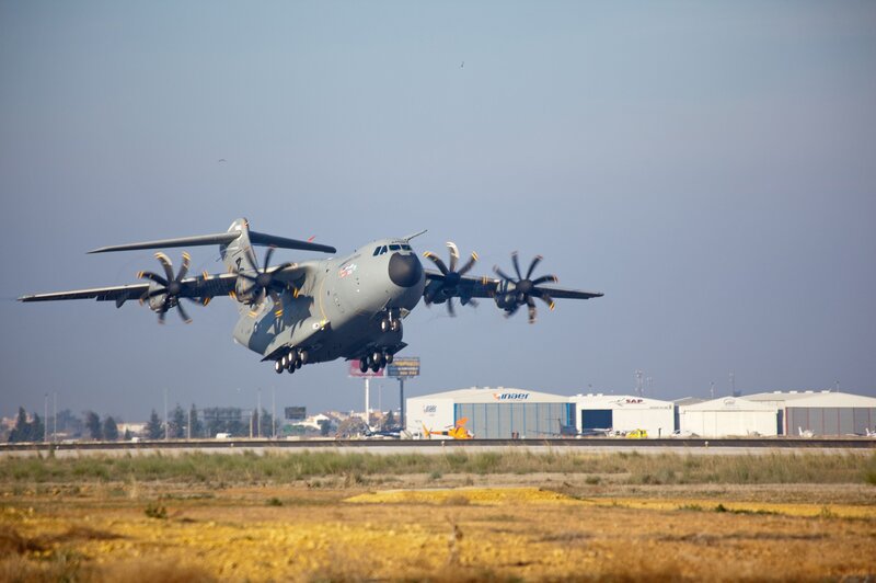 A400M military transport aircraft taking off