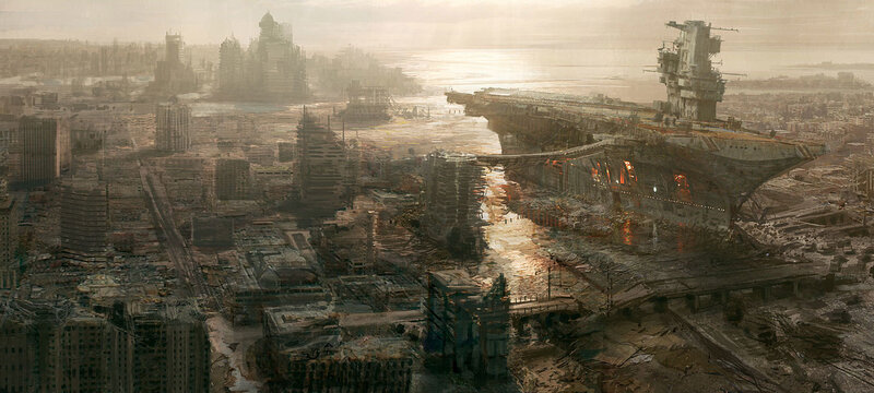 Abandoned Aircraft Carrier — Brown, Apocalyptic, Sunset, Digital Art