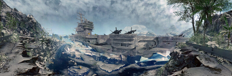 Abandoned aircraft carrier in jungle