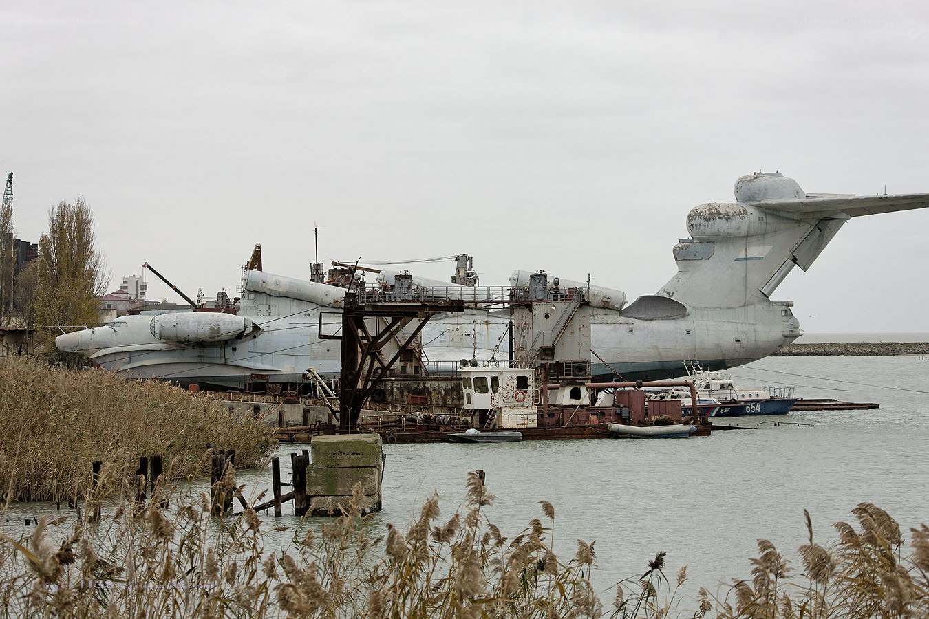 Abandoned aircraft on a barge