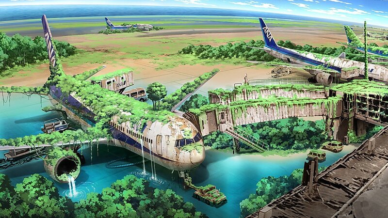 abandoned airport with overgrown planes