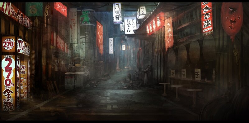 abandoned alley with neon signs