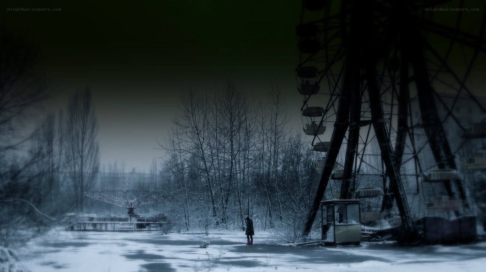 Abandoned amusement park in winter
