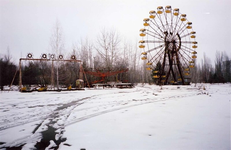 Abandoned amusement park in winter