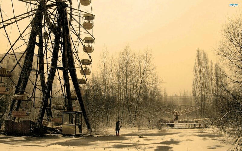 Abandoned amusement park in winter
