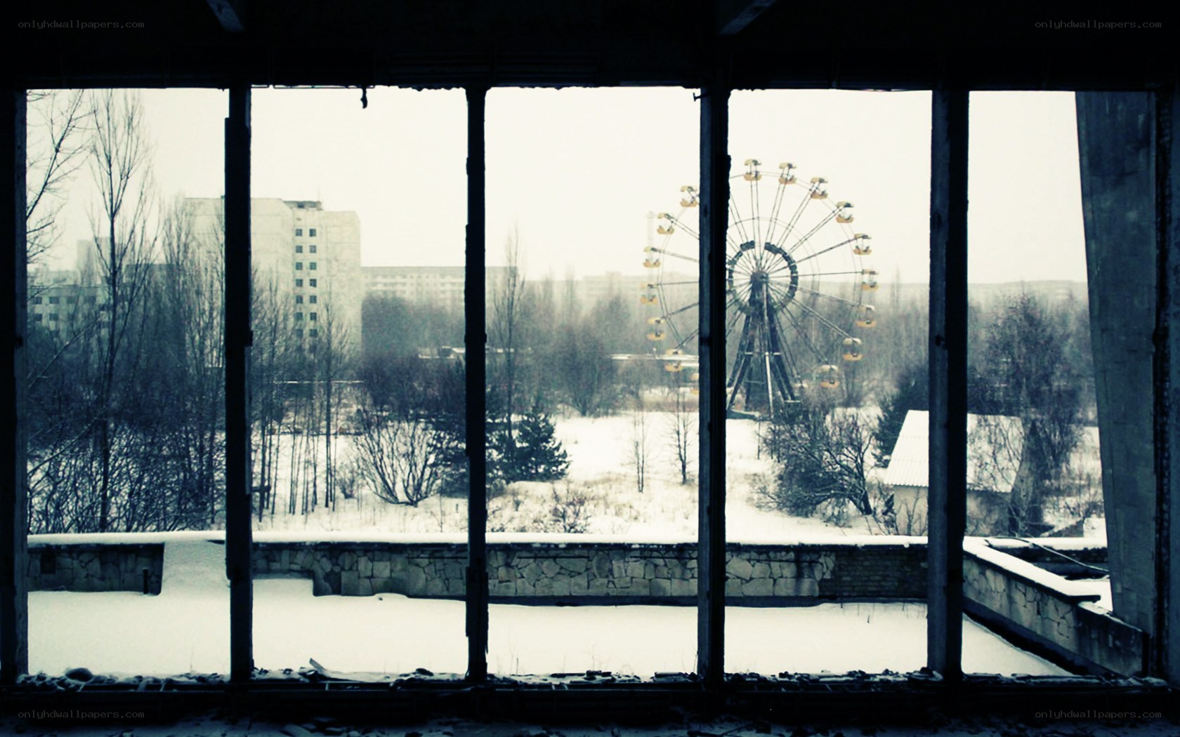 Abandoned amusement park in winter