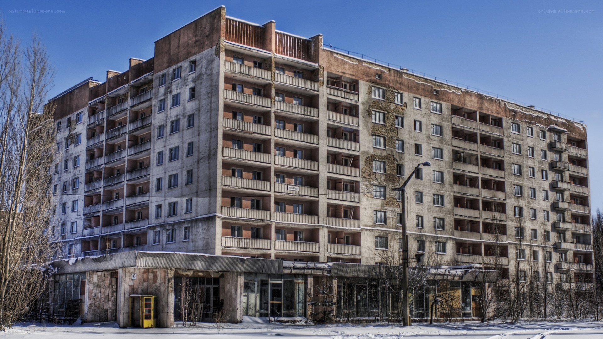 Abandoned apartment building in winter