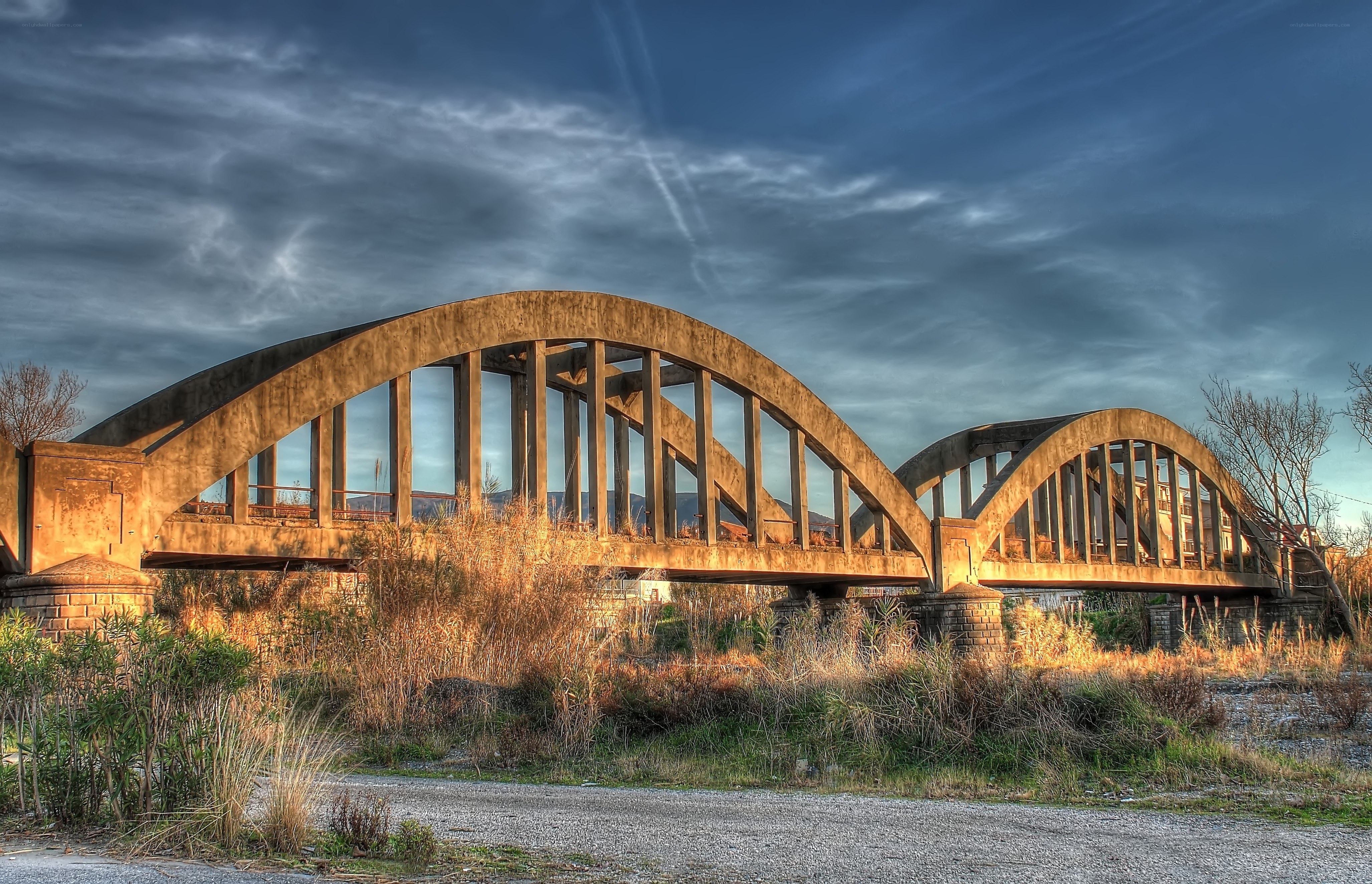 Abandoned arched bridge at dusk