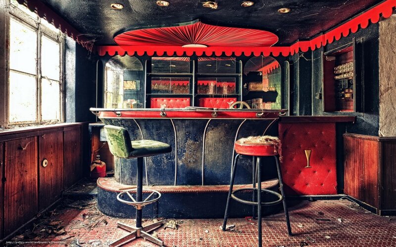 Abandoned Bar Interior — Red, Decaying