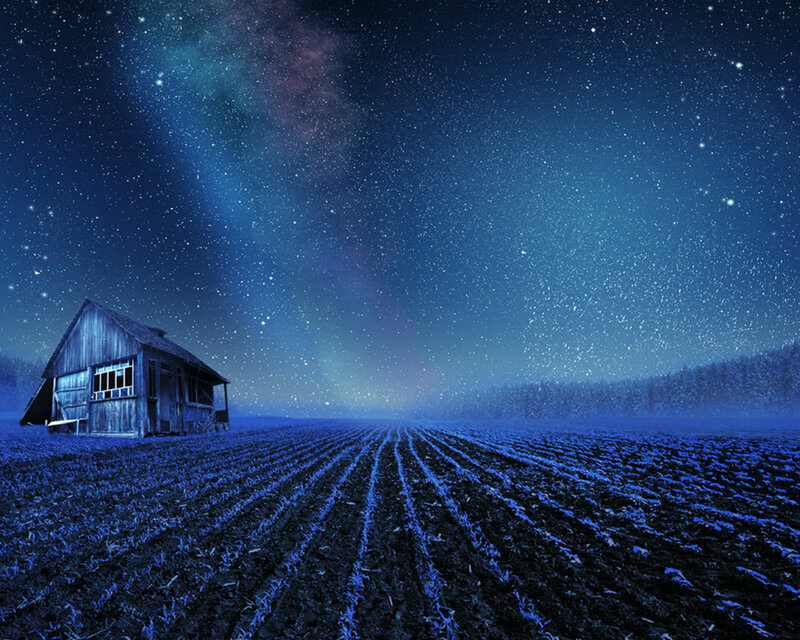 Abandoned Barn at Night — Blue, Serene