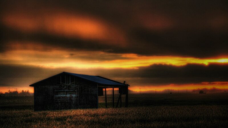 Abandoned Barn at Sunset — Orange, Dramatic, Photograph