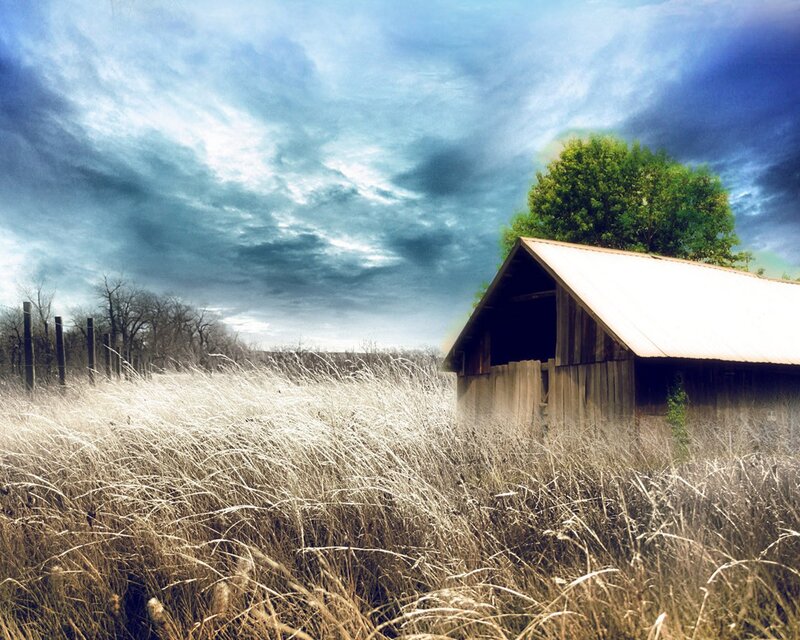 Abandoned Barn in Field — Blue