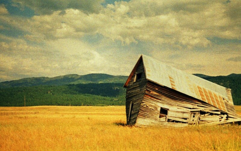 Abandoned Barn in Field — Yellow, Dramatic
