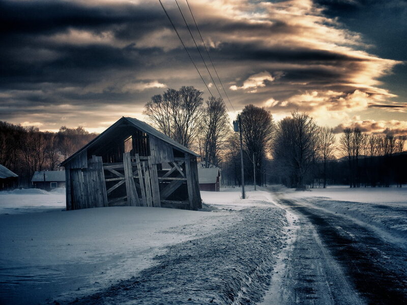 Abandoned Barn in Snow — Blue, Dramatic