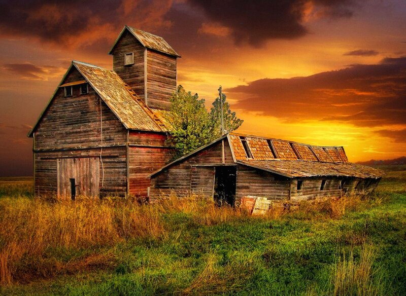 Abandoned Barns at Sunset — Orange