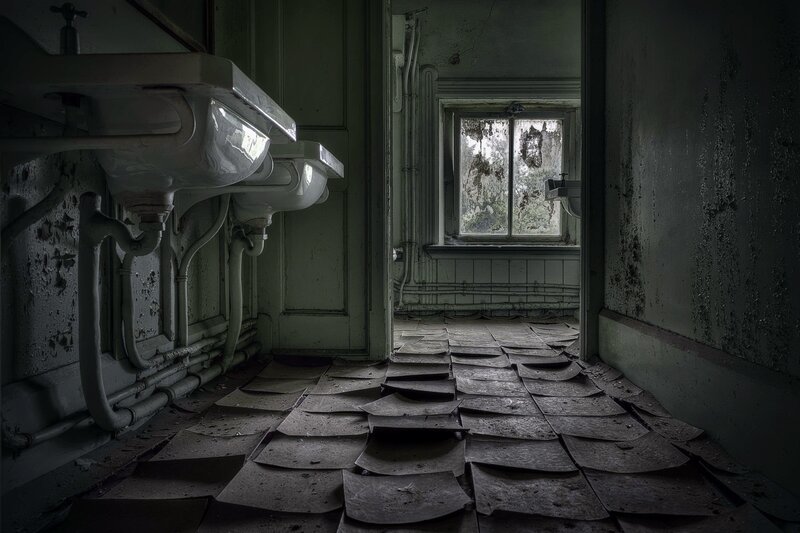 Abandoned Bathroom Interior — Gray, Dramatic