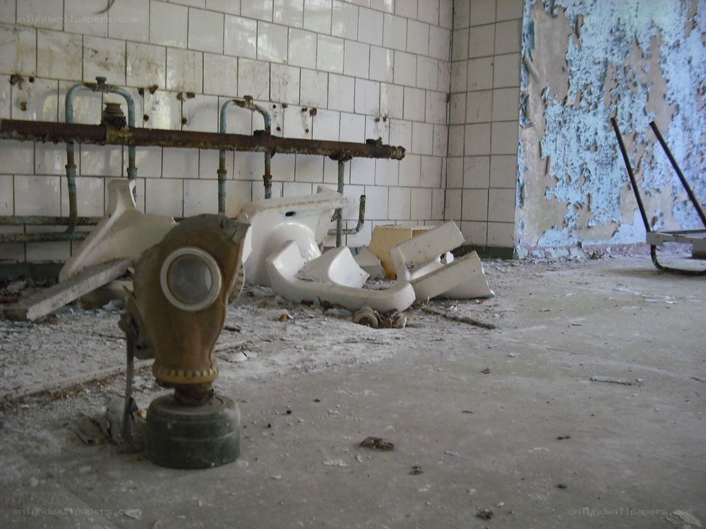abandoned bathroom with gas mask