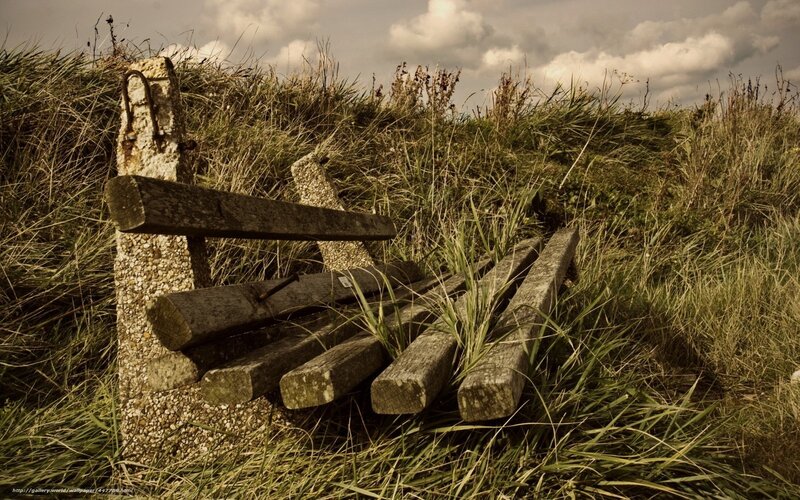 Abandoned bench on a grassy hill