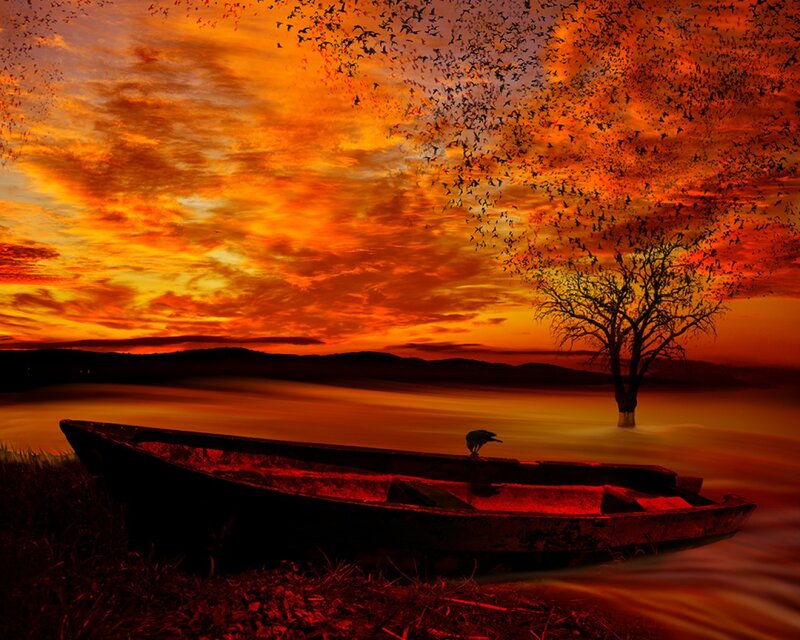 Abandoned Boat at Sunset — Orange, Dramatic, Digital Art
