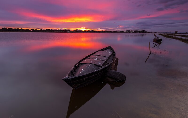 Abandoned Boat at Sunset — Purple