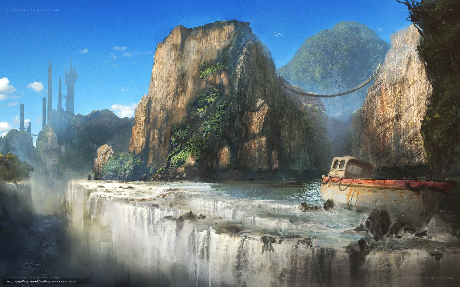 Abandoned boat by waterfall