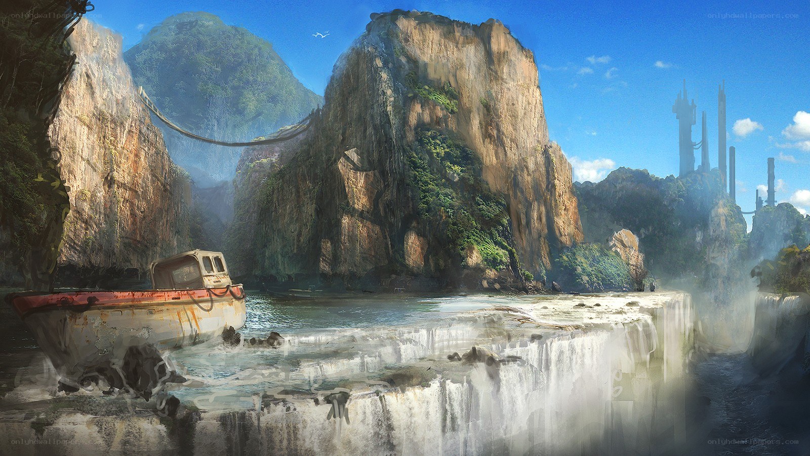 Abandoned boat by waterfall