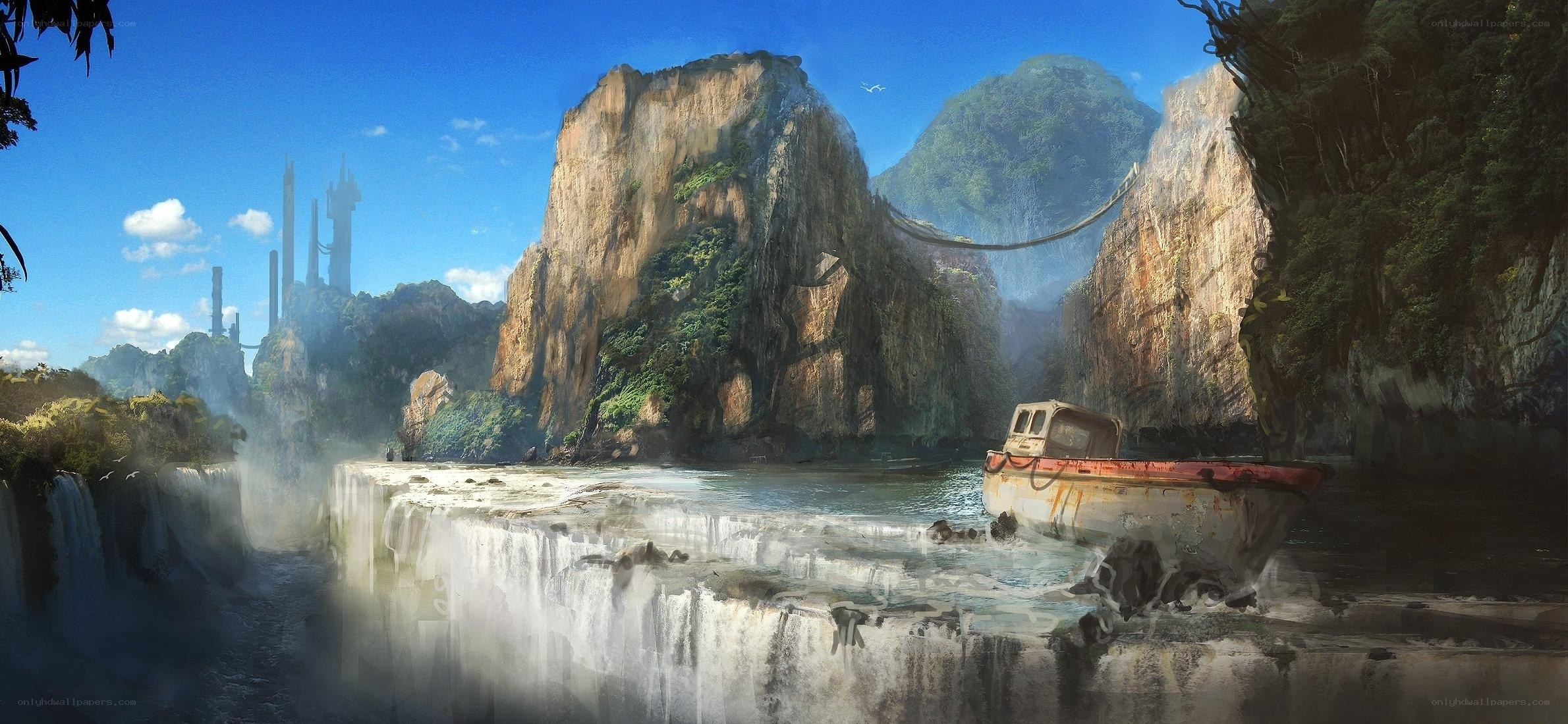 abandoned boat by waterfall