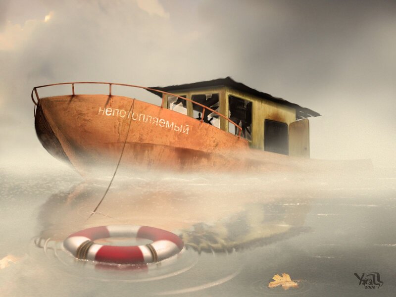 Abandoned boat in fog