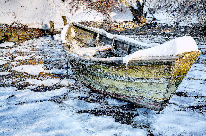 Abandoned Boat in Snow — White