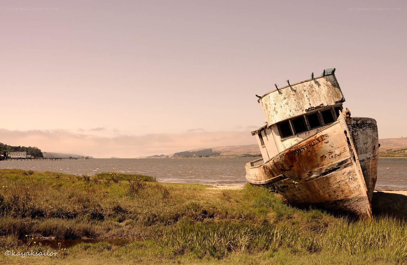 Abandoned boat on a marshy shore